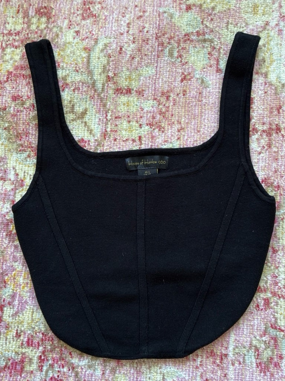 House of Harlow 1960 Black Ribbed Corset Stylw Square-Neck Tank